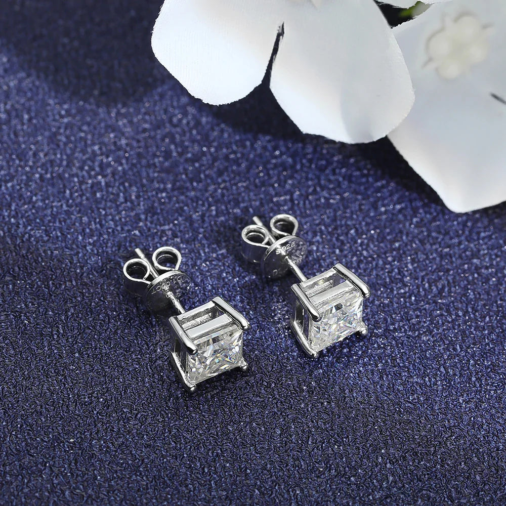 Real 1 Carat Princess Cut Moissanite Diamond Stud Earrings for Women Party Fine Jewelry 100% S925 Sterling Silver Earring