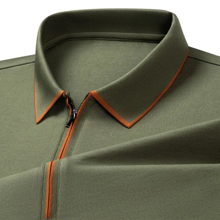 Men's Silk Zipper Polo Shirt Short Sleeve Mulberry T-Shirt Metal Zipper, Stand Collar Luxury Casual Summer Top Cotton&Linen Tee