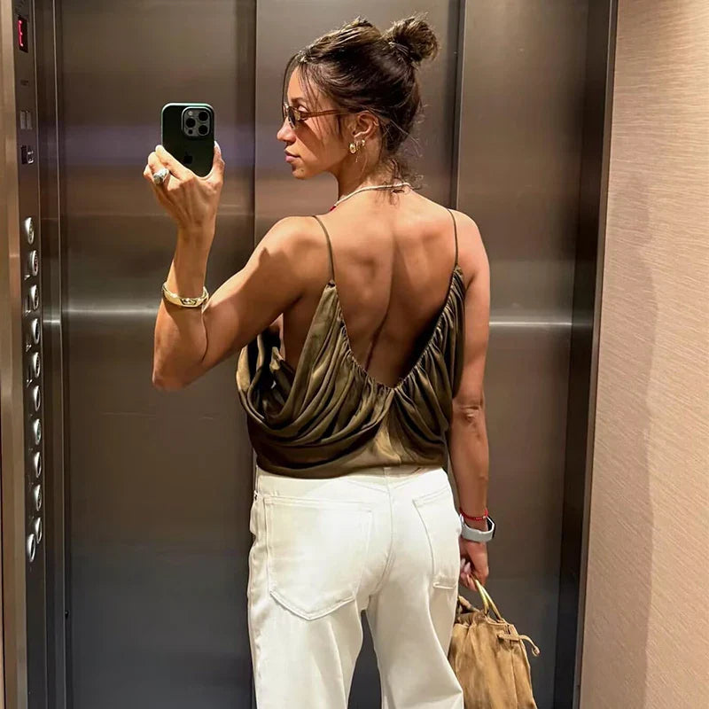 Women's Slip Tops Fashion Satin Pleated V-Neck Sleeveless Top Summer Sexy Female Chic Tops