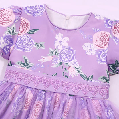 Cross-border special summer burst dress girls printed waist wedding dress flower girl short-sleeved princess puffy skirt