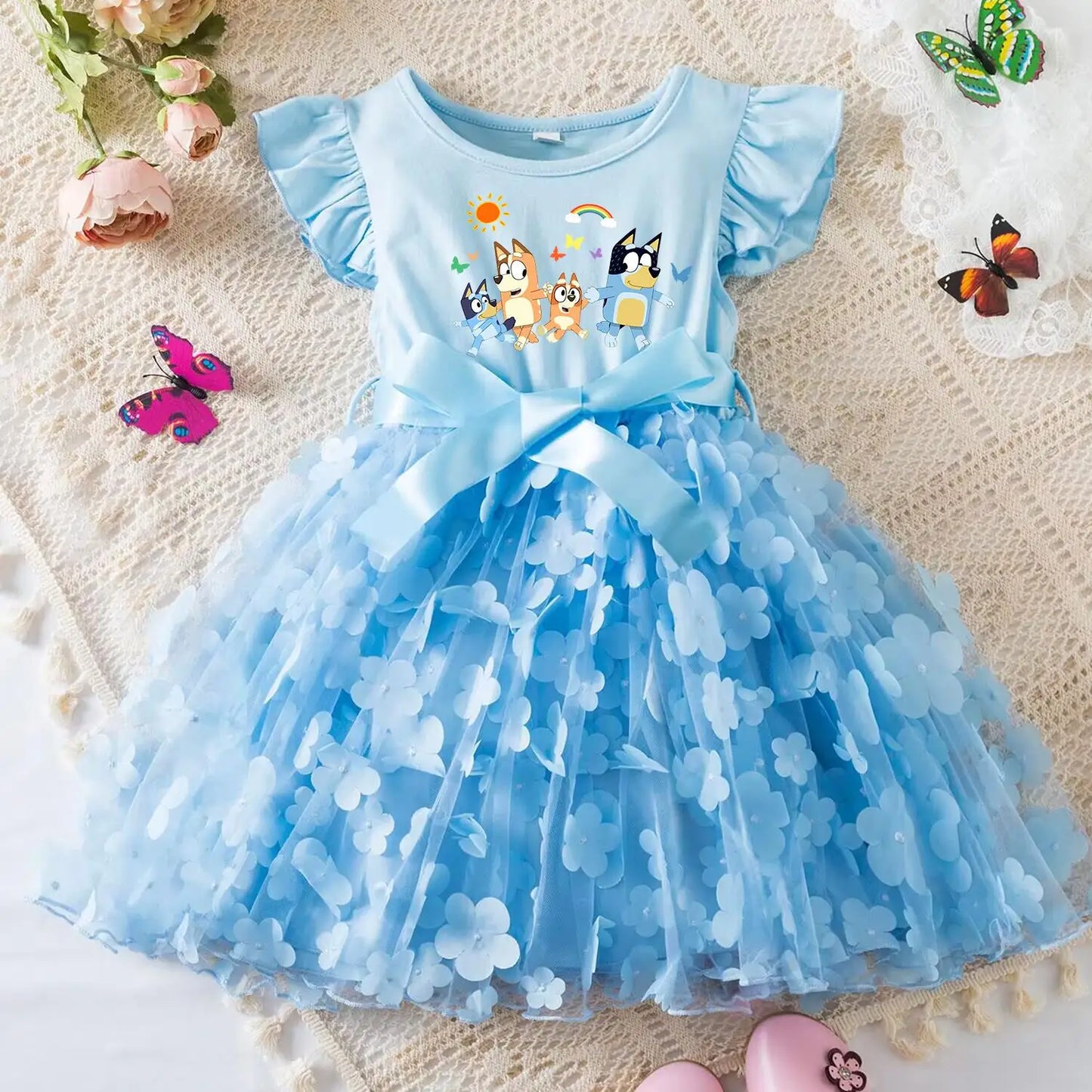 Vestido de Bebê Menina Bluey de Tule com Flores Vestido de Princesa para Casamento Tutu Sem Mangas Roupa de Festa para Fotos Presente de Aniversário