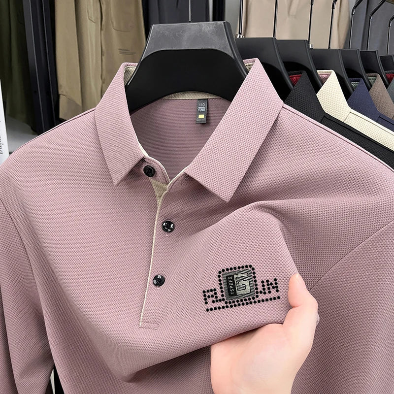High End Brand Quality Men's Polo Shirt Autumn Exquisite Solid Color Letter Print Lapel Long Sleeve Business Classic Menswear