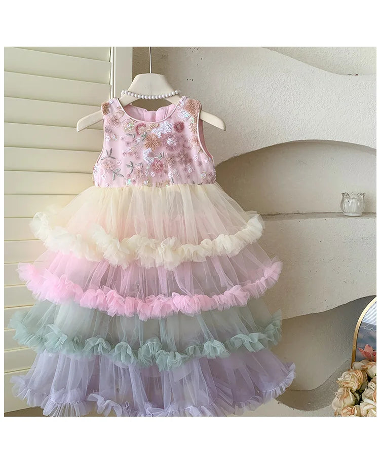 Vestido Regata para Meninas Verão 2025 Novo Vestido Elegante de Malha com Babados para Meninas Vestido Princesa Roupa Infantil de Fada