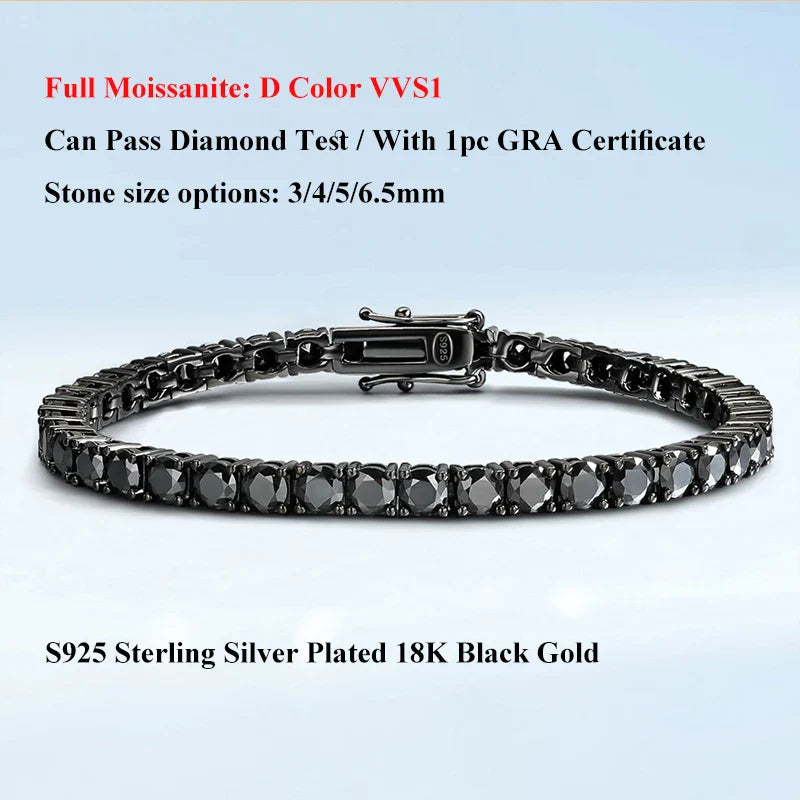 Full 3/4/5/6.5mm Black Moissanite Tennis Bracelet for Men Women Unisex 925 Silver Plated 18K Black Gold Hip Hop Bracelets