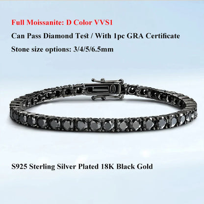 Full 3/4/5/6.5mm Black Moissanite Tennis Bracelet for Men Women Unisex 925 Silver Plated 18K Black Gold Hip Hop Bracelets
