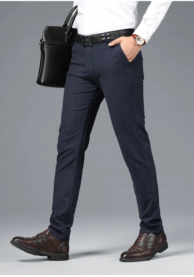 Spring Summer Business Men's Casual Pants Fashion Grid Design Versatile Comfortable Slim Straight Legs Elastic Male Trousers