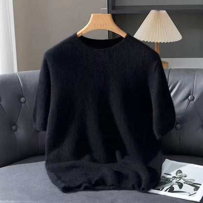 Men's Sweater Pullover Short Sleeved Summer Mink Knit Sweater Loose Round Neck Solid Color Half Sleeved Simple T-Shirt Casualtop