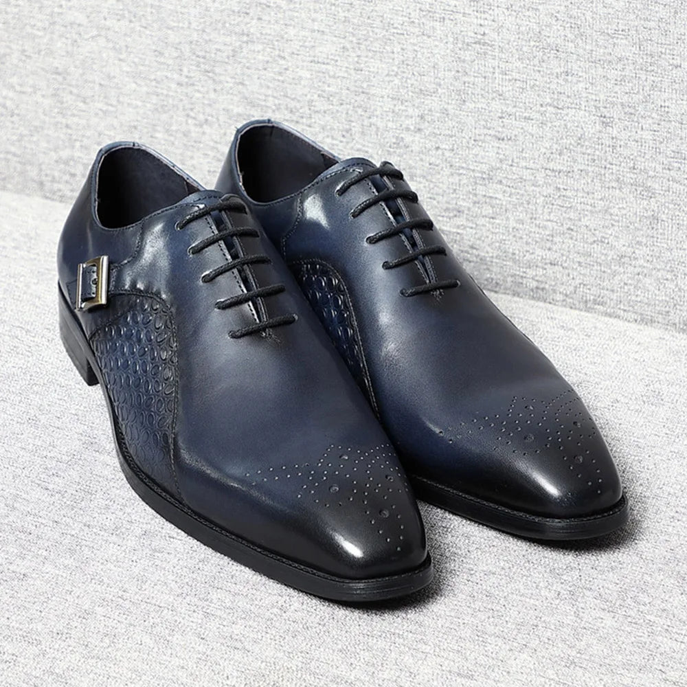 Classy Men's Genuine Leather Oxford Dress Shoes Blue Black Lace-up Brogue Pointed Business Wedding Party Formal Shoes for Men