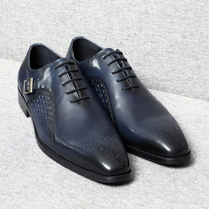 Classy Men's Genuine Leather Oxford Dress Shoes Blue Black Lace-up Brogue Pointed Business Wedding Party Formal Shoes for Men
