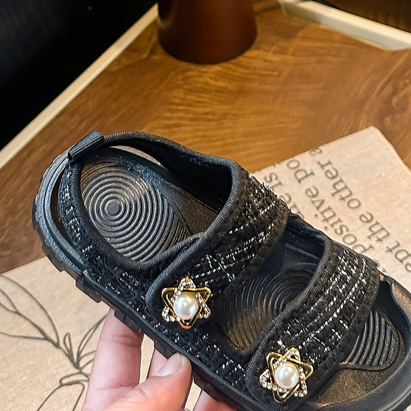 2025 Nice Straw Children Sandals New Arrivals Girls Appliques Metal Decos Sandals for Kids Girl Anti-kick Toe Beach Shoes I03242