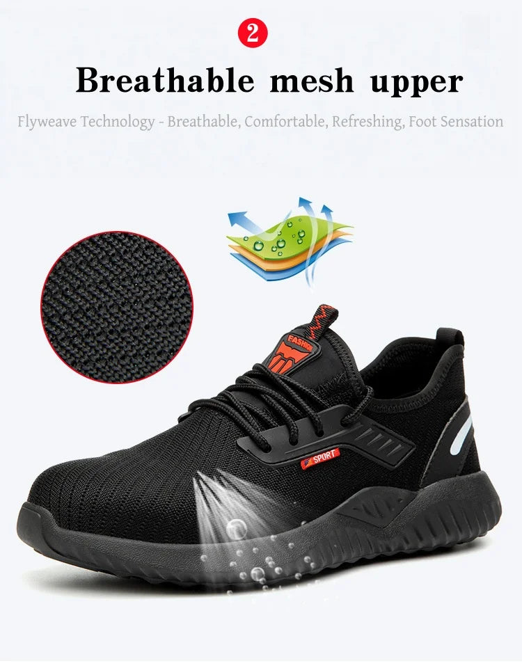 Steel-toe work shoes, puncture-resistant safety boots, sturdy industrial shoes, comfortable and breathable, and slip-resistant.