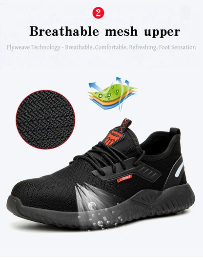 Steel-toe work shoes, puncture-resistant safety boots, sturdy industrial shoes, comfortable and breathable, and slip-resistant.