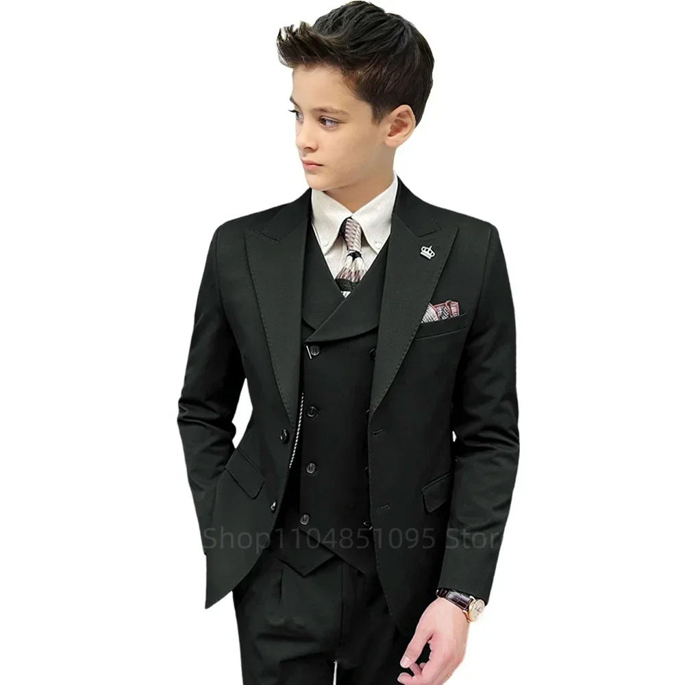 3 Piece Slim Fit Boy Fashion Suits Cutsom Flower Boy Wedding Tuxedo Prom Wedding Peak Lapel Jacket Vest Pants Set Children Suit