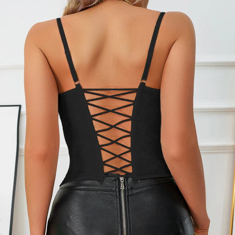 Fashion Chic Elegant Sleeveless Corset Crop Yk2 Ladies Fishbone Waist With Lace Black Tank Camis Youthful Women Outfit Clothing