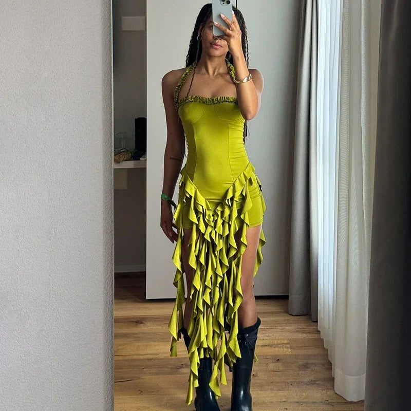 Elegant Halter Solid Ruffles Backless Taseel Sexy Slim Mini Dress Spring Women Cute Outfits Birthday Party Vacation