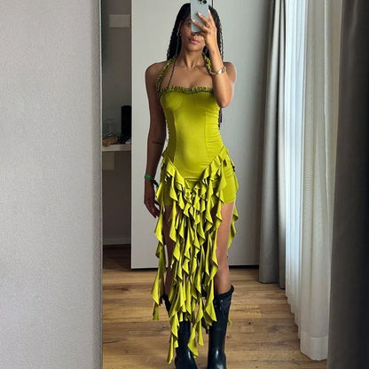 Elegant Halter Solid Ruffles Backless Taseel Sexy Slim Mini Dress Spring Women Cute Outfits Birthday Party Vacation