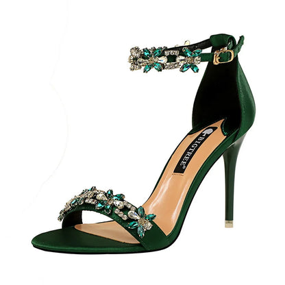 Open Toe Rhinestones Sandals Women 2024 New Designer Luxury High Heels Female Shoes Summer Heeled Satin One Word Belt 368-1