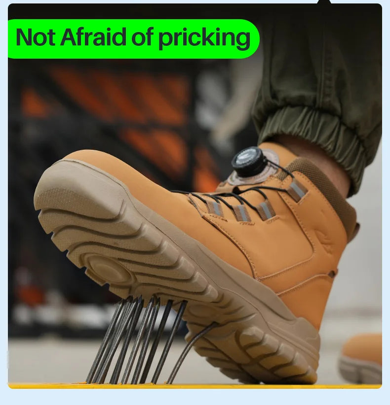 Leather Non Slip Work Boots for Men Rotating Button Safety Shoes Steel Toe Sneaker Male Puncture Proof Protective Boots