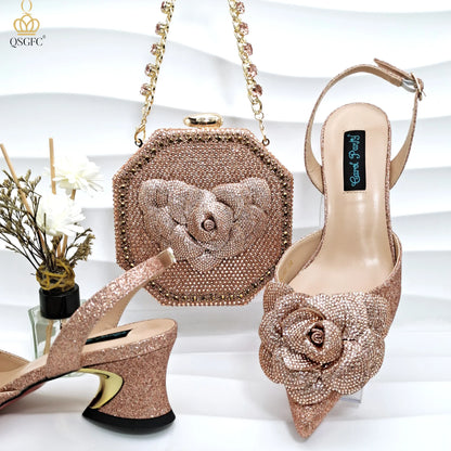 Evening Shoes And Bags Set With Full Diamond Handmade Petal Clutches Pointed Toe Mid-Heel Women Shoes