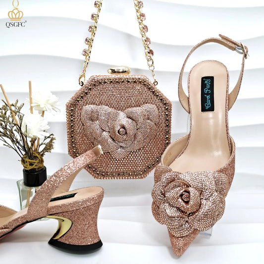 Evening Shoes And Bags Set With Full Diamond Handmade Petal Clutches Pointed Toe Mid-Heel Women Shoes
