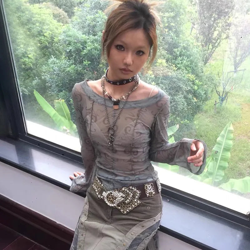 Grunge Aesthetics Mesh Tops Japanese Y2k Sheer Tops Vintage Harajuku See Through Crop Top Korean Fashion Tie Dye T-shirt