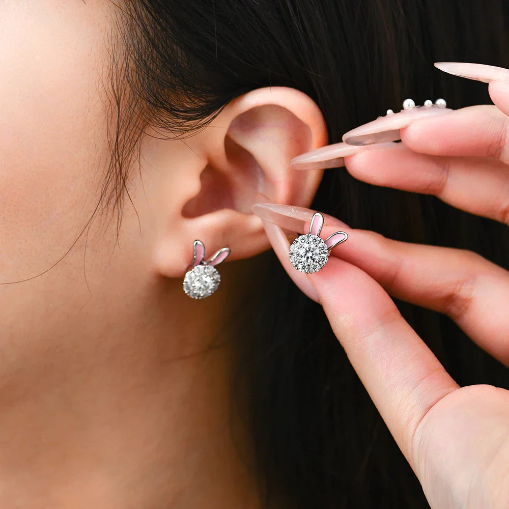 S925 Sterling Silver Moissanite Diamond Earrings Enamel Design Rabbit Shape For Women Girls Birthday Gifts Fine Jewelry