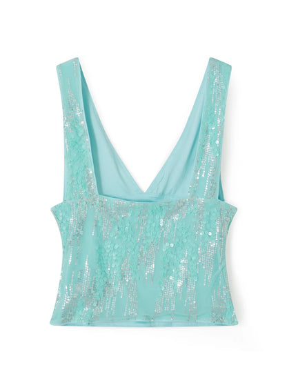 Women Sequin Tank Tops Slim Sparkly Deep V Neck Sleeveless Open Back Crop Vest Casual Summer Streetwear
