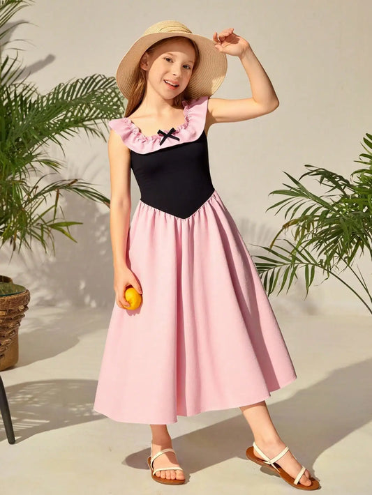 Girls' fashionable and elegant summer dress with outdoor casual square collar design paired with ruffled edge dress