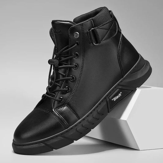 1 Pair Men's High-Top Motorcycle Boots, Band, Black Solid Color for All Seasons Outdoor Sports Casual Wear - Large Size Ver
