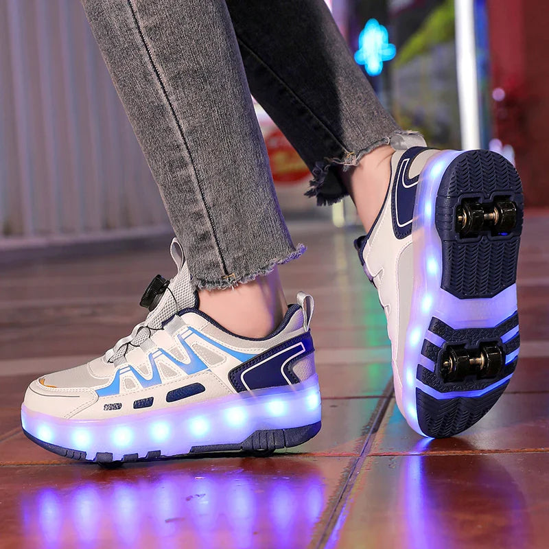 Boys Girls Roller Shoes Pink Blue Four Wheels Luminous Glowing Kids Outdoor Sport Casual Shoes USB Children Led Sneakers Shoes