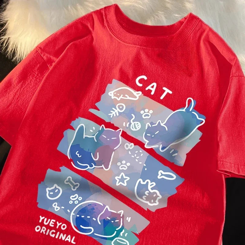 Funny Japanese Style Naughty Cat Print T-shirts for Women Summer Breathable Fashion T-shirts Cartoon Casual Tops Clothing