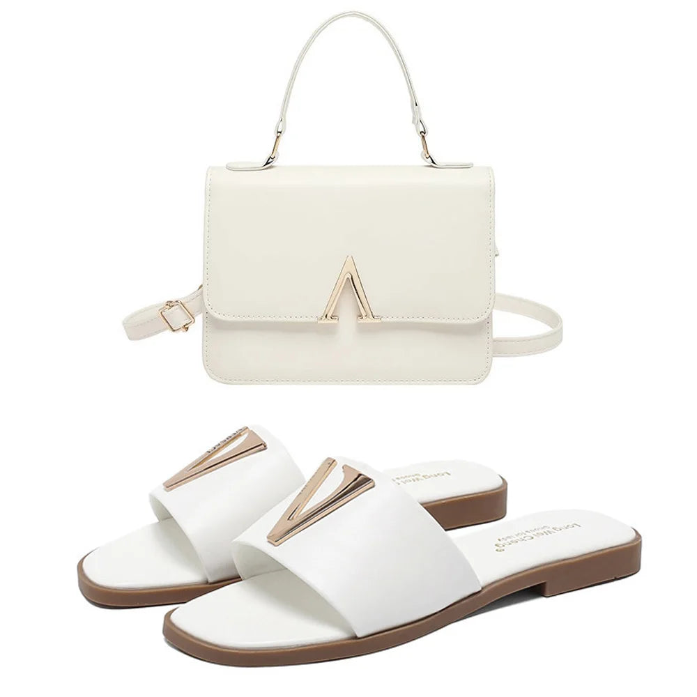 High Quality PU Purses And Sandals Sets Flat Shoes And Bag Set Matching Handbags For Women Slippers Flip Flops Women Shoes