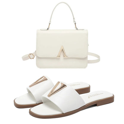High Quality PU Purses And Sandals Sets Flat Shoes And Bag Set Matching Handbags For Women Slippers Flip Flops Women Shoes