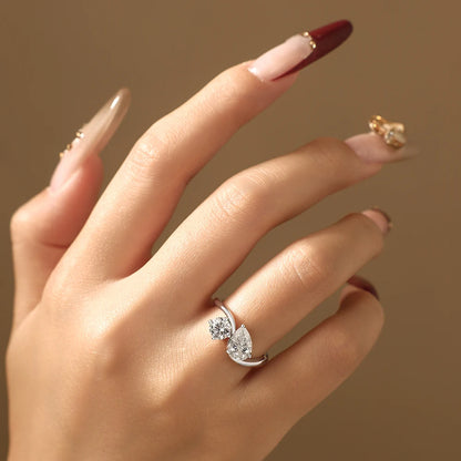 Toi Et Moi Moissanite Rings 925 Sterling Silver Pear&Round Cut Two Stone Bypass Ring forWomen Engagement Bridal Jewelry
