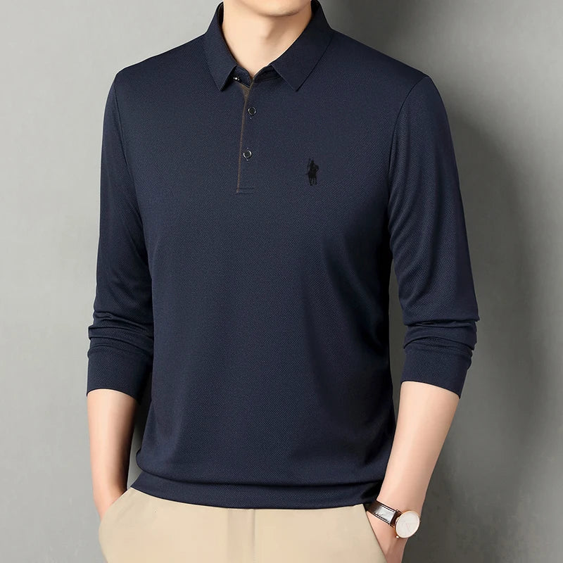2025 Latest Autumn New Men's Long Sleeve Polo Shirt Middle Aged Business Comfortable Solid Color Men's Collar T-shirt