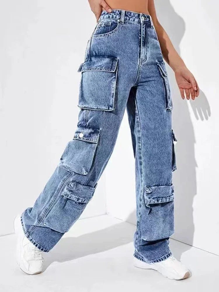 Jeans Women Straight Cargo Pants Denim High Waist Vintage Pockets Button Basics Ankle Length Trousers 2024 Autumn Streetwear