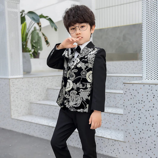 Children Formal Dress Kids Flower Jacket Pants Bowtie 3PCS  Piano Costume Boys Bronzing Show Host Handsome Photography Suit