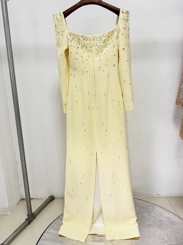 Newest Fashion 2026 Designer Vestido Women's Square Collar Beading Diamonds Long Sleeve Maxi Dress