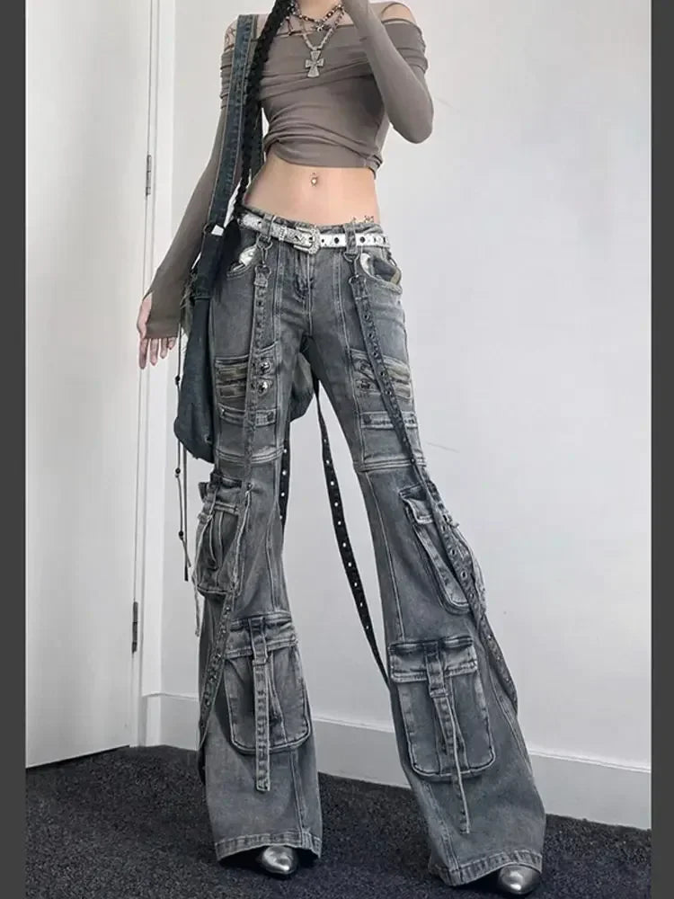 Women's Y2K Slim Fit Lace-up Denim Trouser Washed Vintage Classic Emo Casual Pants Grunge Street Retro High Waist Pockets Jeans
