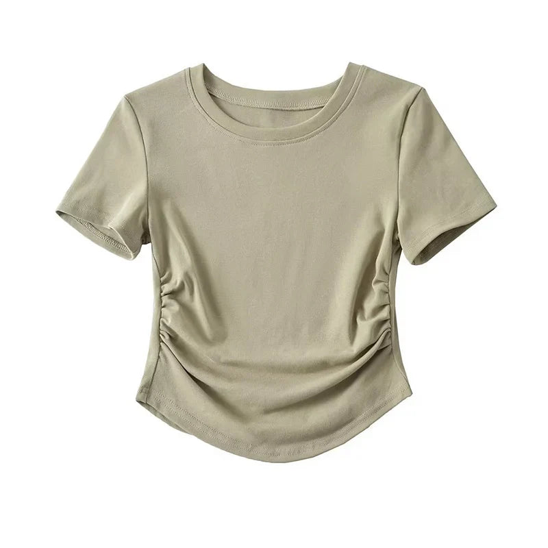 Harajuku Women Crew Neck Short Sleeve Cotton Tee With Ruched Sides Detail T-shirts