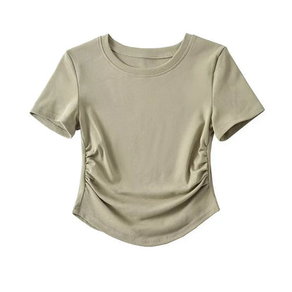 Harajuku Women Crew Neck Short Sleeve Cotton Tee With Ruched Sides Detail T-shirts