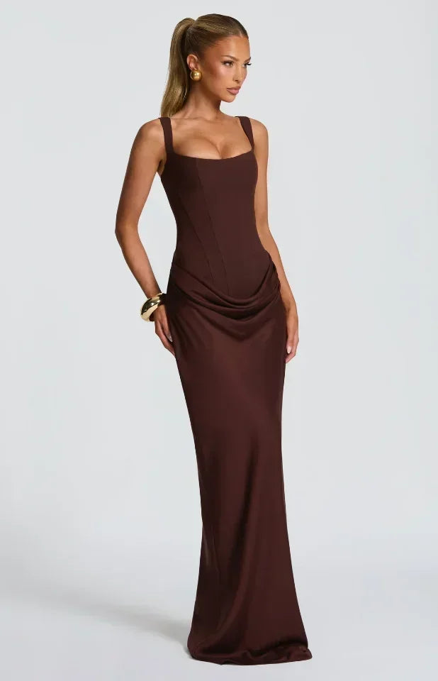 Solid Pleated Sling Dress Square Neck Sleeveless Off-shoulder Waist Cinching Slim Women Dresses Fashion Evening Party Gowns 2025