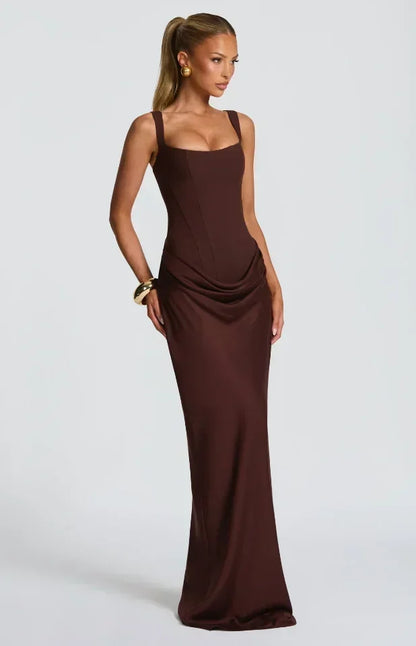 Solid Pleated Sling Dress Square Neck Sleeveless Off-shoulder Waist Cinching Slim Women Dresses Fashion Evening Party Gowns 2025