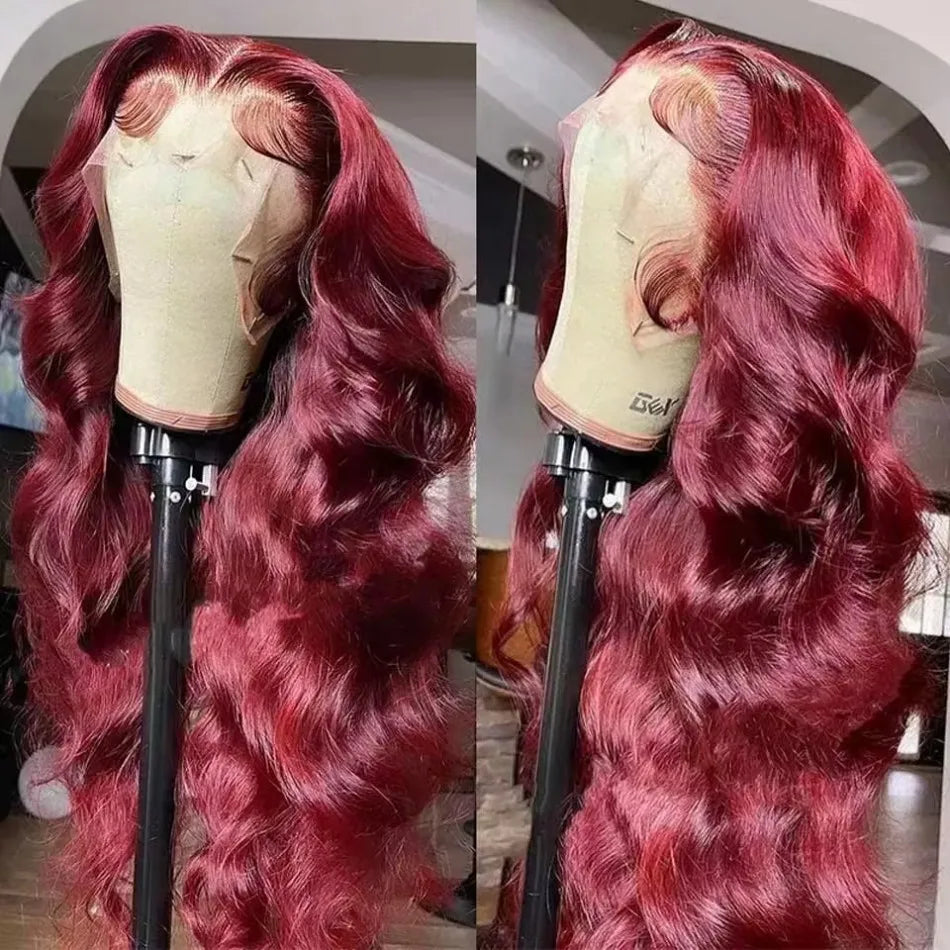 30 Inch 99J Burgundy Lace Front Wigs Human Hair 13x6 HD Transparent Body Wave Lace Front Human Hair Wig For Black Women