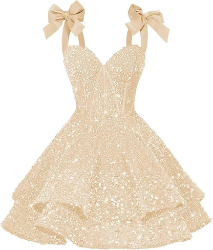 Sparkly Sequin Bows Homecoming Dresses 2026 Short Spaghetti Straps Tiered Satin Sweet Prom Cocktail Dress Graduation Dress