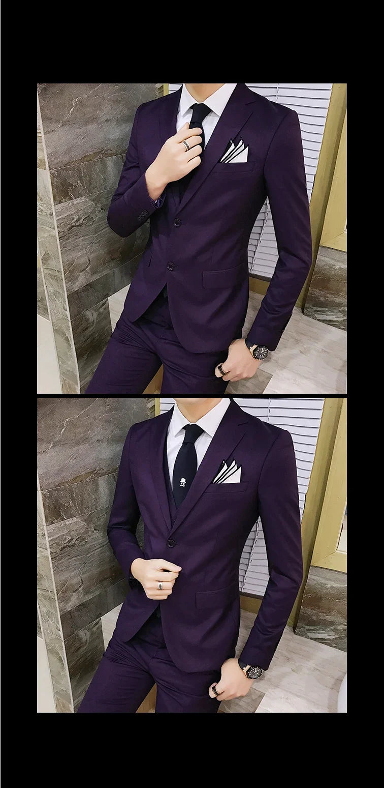 Suit (Blazer+vest+pants) Men's Fashion Business Korean Version of Solid Color Slim-fit Wedding Professional Gentleman Dress 6XL