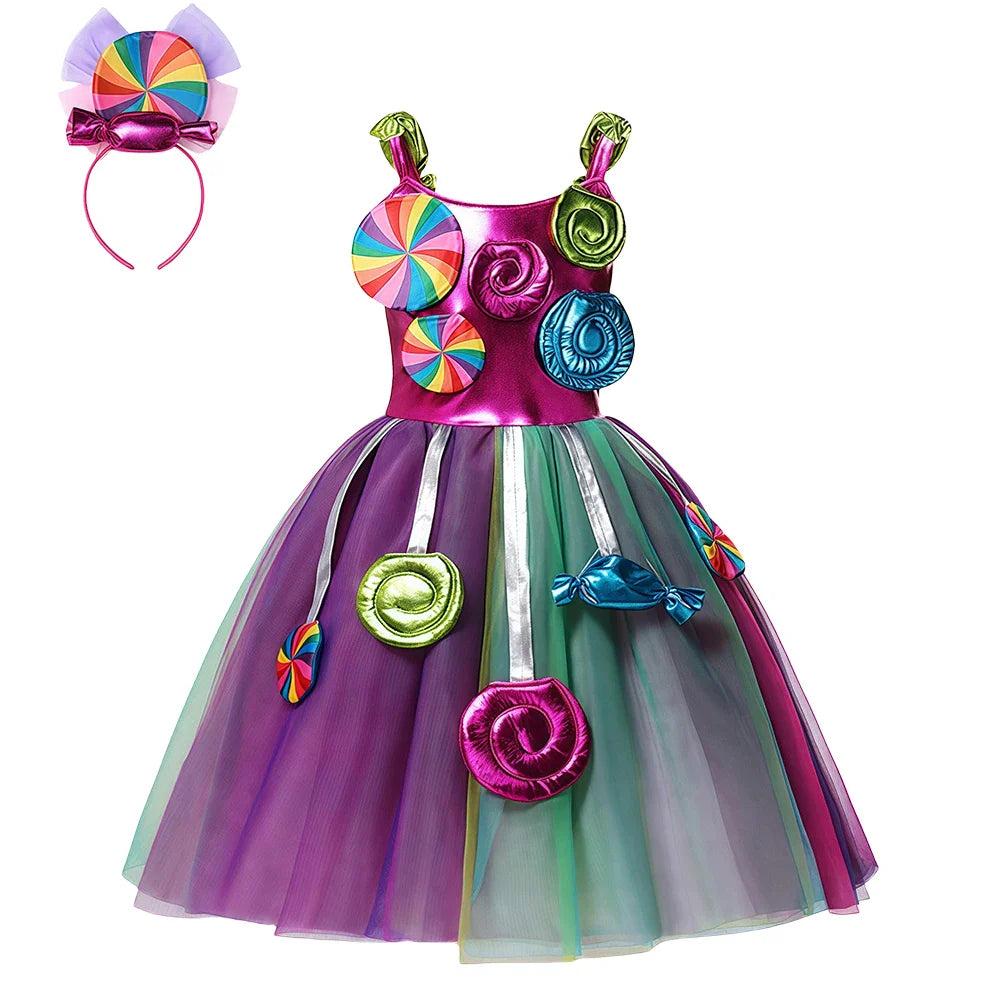 2026 Purim Girls Candy Icecream Dress Handmade Mesh Tutu Dress Childrens Birthday Carnival Party Ball Gown With Icecream Balloon
