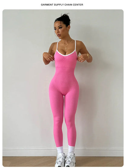 Seamless Yoga Jumpsuit Women Gym Set Spaghetti Strap Leisure Workout Gym Leggings Padded Bra One-piece Fitness Bodysuits