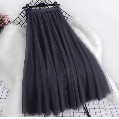 New large hem chiffon long skirt for women's Korean casual simple solid color three-layer A-line high waisted long skirt