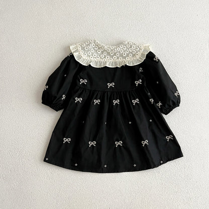 Outono 0-6 anos Vestido de Princesa para Meninas Roupas de Bebê Menina Gola Borboleta Roupas de Bebê Menina Peça Única Vestido Infantil Bordado